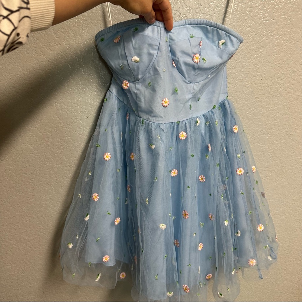 tulle blue dress fit and flare strapless